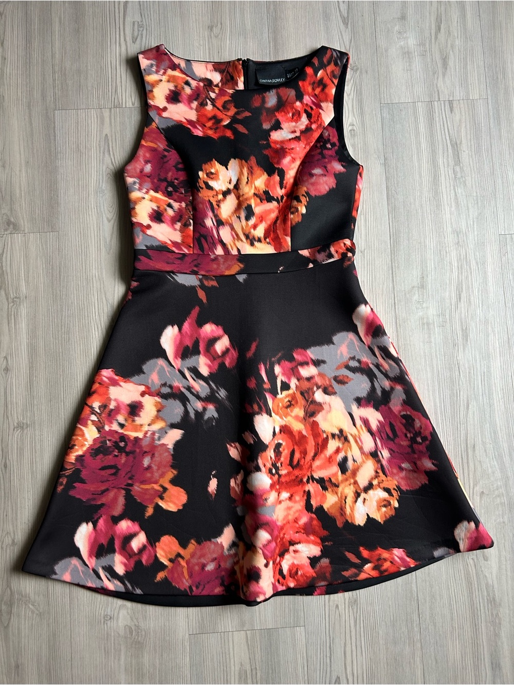 Cynthia Rowley Black Floral Fit-and-Flare Dress with Red, Pink & Orange Blooms